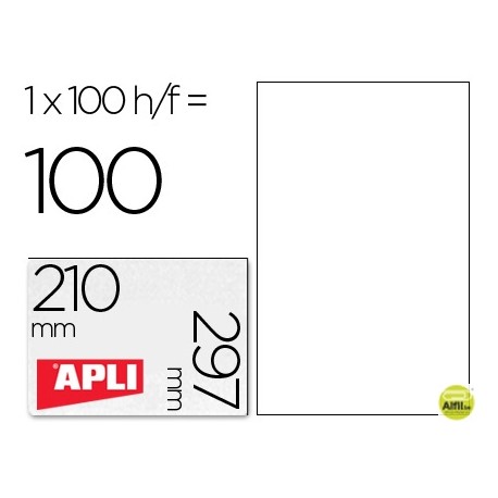 ETIQUETA ADHESIVA APLI 1281 TAMAÑO 210X297 MM FOTOCOPIADORA LASER INK-JET CAJA CON 100 HOJAS DIN A4