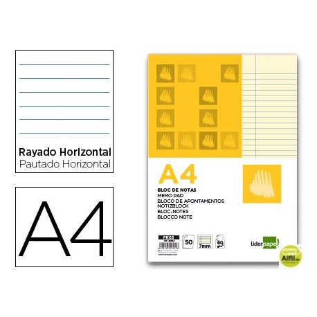 BLOC NOTAS LIDERPAPEL HORIZONTAL A4 50 HOJAS AMARILLAS 60G/M2 ENCOLADO