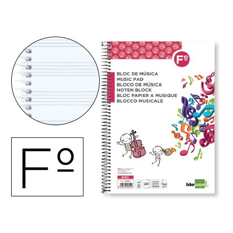 BLOC MUSICA LIDERPAPEL PENTAGRAMA 3MM FOLIO 20 HOJAS 100G/M2