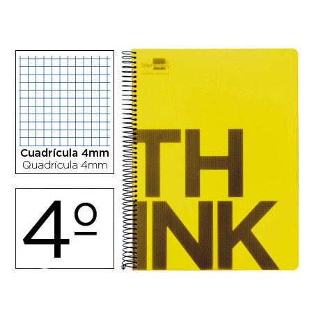 BLOC ESPIRAL LIDERPAPEL CUARTO THINK TAPA POLIPROPILENO 80 H 80G CUADRO 4MM CON MARGEN COLOR AMARILL