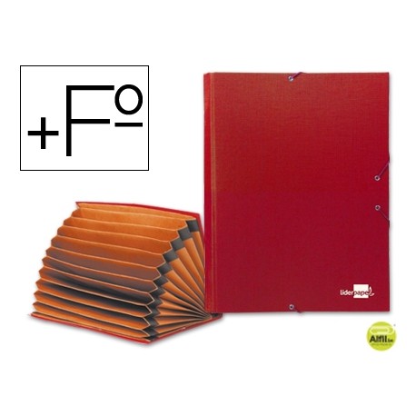 CARPETA CLASIFICADORA LIDERPAPEL 12 DEPARTAMENTOS FOLIO PROLONGADO CARTON FORRADO ROJA FUELLE