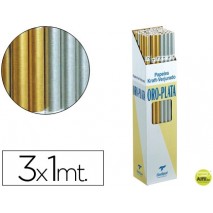 PAPEL KRAFT ORO Y PLATA ROLLO -3X1 MT -35 ORO Y 15 PLATA -EXPOSITOR CON 50 ROLLOS