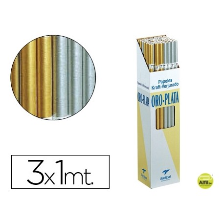 PAPEL KRAFT ORO Y PLATA ROLLO -3X1 MT -35 ORO Y 15 PLATA -EXPOSITOR CON 50 ROLLOS
