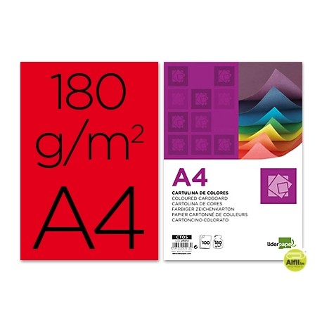 CARTULINA LIDERPAPEL A4 180G/M2 ROJO