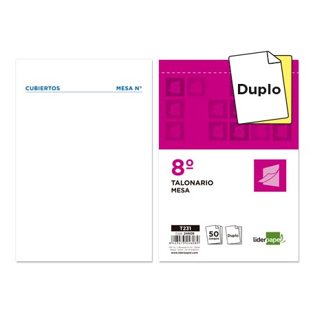 TALONARIO LIDERPAPEL CAMARERO 8Ì ORIGINAL Y COPIA T231 PAPEL AUTOCOPIANTE
