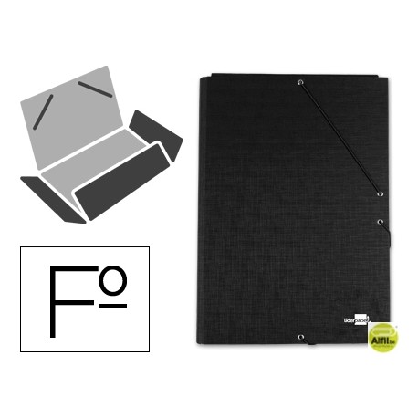 CARPETA GOMAS LIDERPAPEL FOLIO 3 SOLAPAS CARTON FORRADO NEGRA