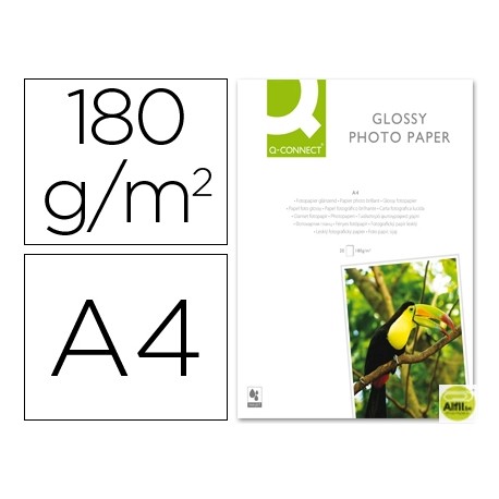 PAPEL Q-CONNECT FOTO GLOSSY -KF01103 DIN A4 -DIGITAL PHOTO -PARA INK-JET -BOLSA DE 20 HOJAS DE 180 G