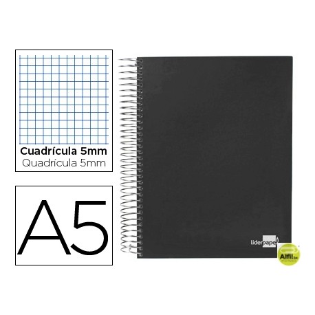 BLOC ESPIRAL LIDERPAPEL A5 MICRO PAPERCOAT TAPA FORRADA 160H 70G CUADRO 5MM 5 BANDAS 6 TALADROS. NEG