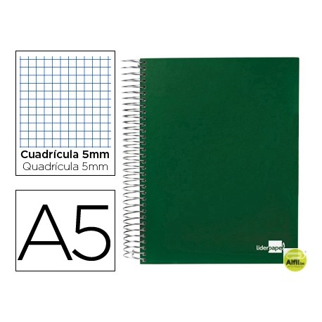 BLOC ESPIRAL LIDERPAPEL A5 MICRO PAPERCOAT TAPA FORRADA 160H 70G CUADRO 5MM 5 BANDAS 6 TALADROS. VER