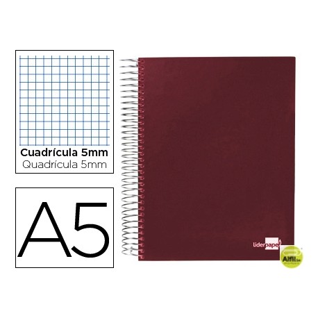 BLOC ESPIRAL LIDERPAPEL A5 MICRO PAPERCOAT TAPA FORRADA 160H 70G CUADRO 5MM 5 BANDAS 6 TALADROS. ROJ