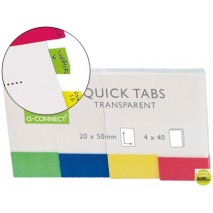 BANDERITAS SEPARADORAS Q-CONNECT 20X50 MM TRANSPARENTES Y COLOR PACK DE 4 CON 50 HOJAS