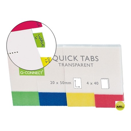 BANDERITAS SEPARADORAS Q-CONNECT 20X50 MM TRANSPARENTES Y COLOR PACK DE 4 CON 50 HOJAS