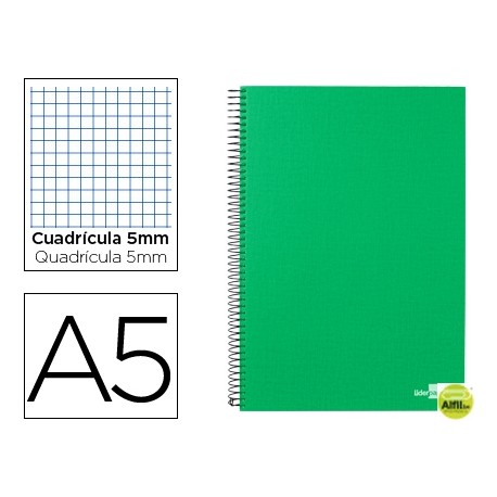 BLOC ESPIRAL LIDERPAPEL A5 MICRO PAPERCOAT TAPA FORRADA 160H 70G CUADRO 5MM 5 BANDAS 6 TALADROS. VER