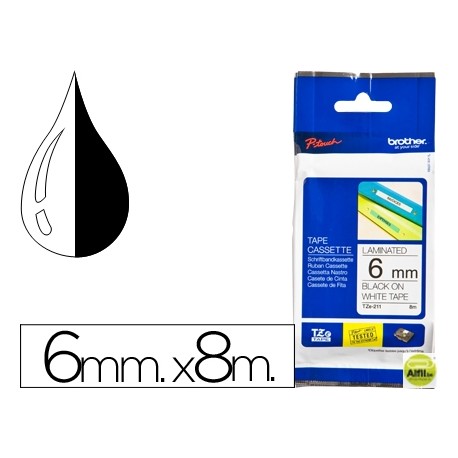 CINTA BROTHER TZE-211 BLANCO-NEGRO 6MM LONGITUD 8 MT