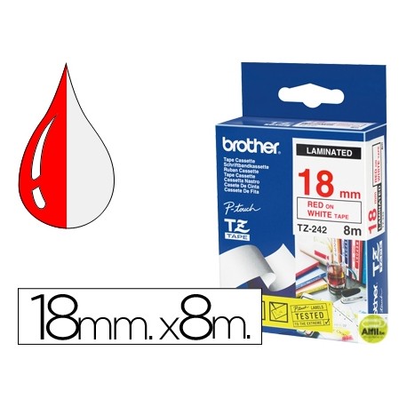 CINTA BROTHER TZ-242 LAMINADA ROJO-BLANCO 18 MM LONGITUD 8 MTS
