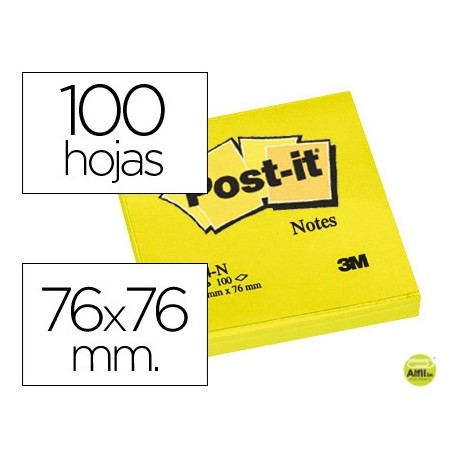 BLOC DE NOTAS ADHESIVAS QUITA Y PON POST-IT 76X76 MM AMARILLO NEON CON 100 HOJAS