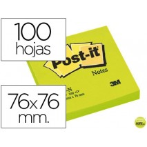 BLOC DE NOTAS ADHESIVAS QUITA Y PON POST-IT 76X76 MM VERDE NEON CON 100 HOJAS