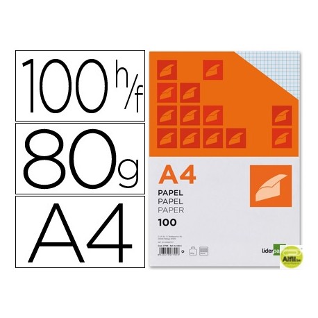 PAPEL LIDERPAPEL A4 80G/M2 PAQUETE DE 100 SIN TALADROS CUADRO 4MM