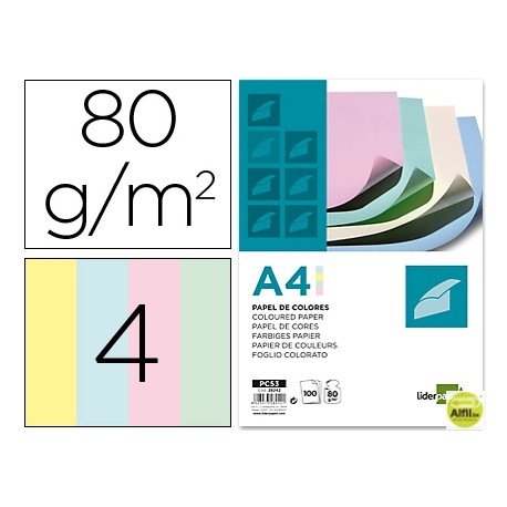 PAPEL COLOR LIDERPAPEL DIN-A4 80 GRAMOS 4 COLORES SURTIDOS PAQUETE DE 100 HOJAS