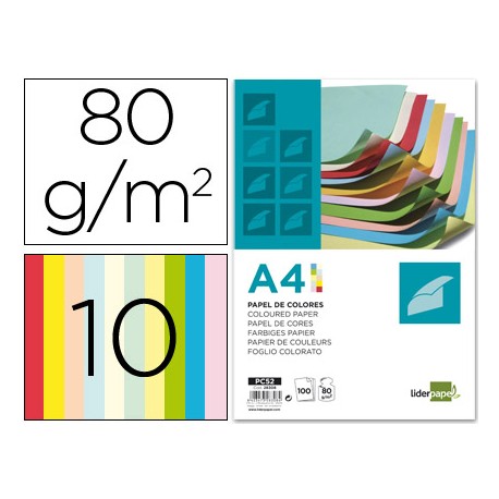 PAPEL COLOR LIDERPAPEL DIN-A4 80 GRAMOS 10 COLORES SURTIDOS PAQUETE DE 100 HOJAS