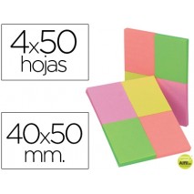 BLOC DE NOTAS ADHESIVAS QUITA Y PON Q-CONNECT 40X50 MM CON 50 HOJAS FLUORESCENTES PACK DE 4 UNIDADES