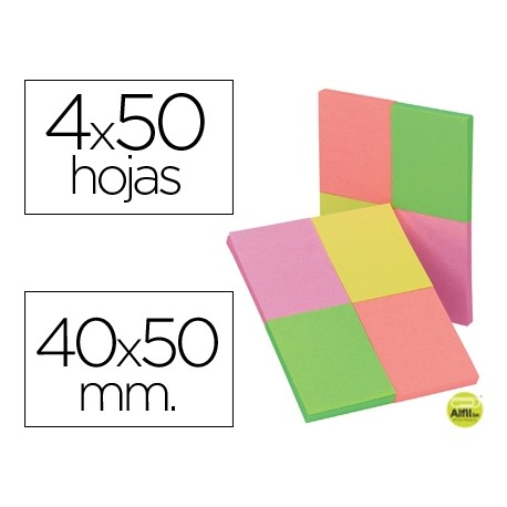BLOC DE NOTAS ADHESIVAS QUITA Y PON Q-CONNECT 40X50 MM CON 50 HOJAS FLUORESCENTES PACK DE 4 UNIDADES