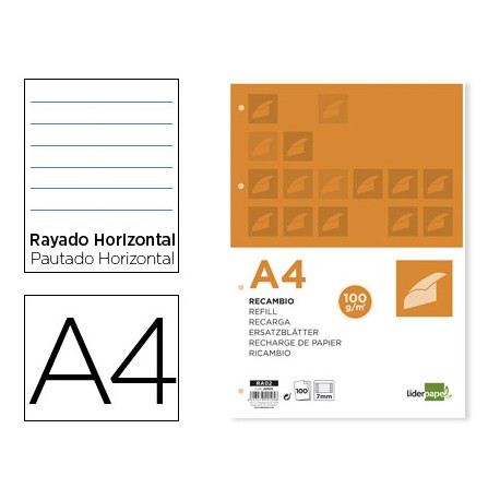 RECAMBIO LIDERPAPEL A4 100 HOJAS 100G/M2 HORIZONTAL CON MARGEN 4 TALADROS