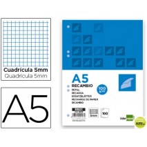 RECAMBIO LIDERPAPEL A5 100 HOJAS 100G/M2 CUADRO 5MM CON MARGEN 6 TALADROS