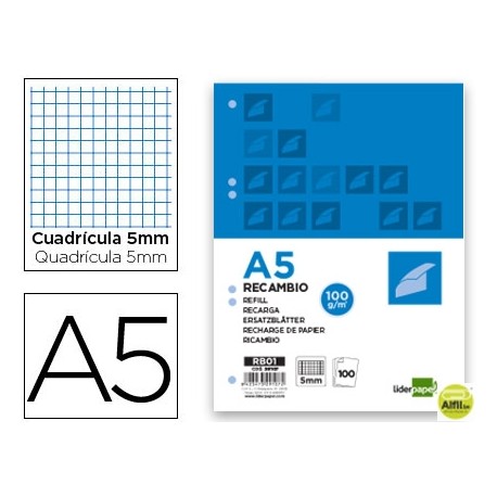 RECAMBIO LIDERPAPEL A5 100 HOJAS 100G/M2 CUADRO 5MM CON MARGEN 6 TALADROS