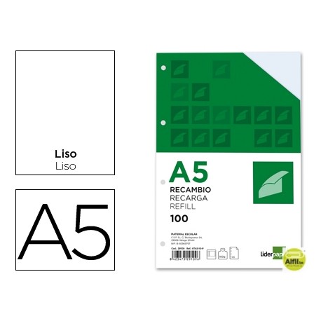 RECAMBIO LIDERPAPEL DIN-A5 100 H 6TA5-10-P LISO 4 TALADROS CON MARGEN