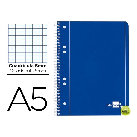 BLOC ESPIRAL LIDERPAPEL A5 MICRO SERIE AZUL TAPA CARTONCILLO 80H 70G CUADRO 5MM 6 TALADROS. AZUL
