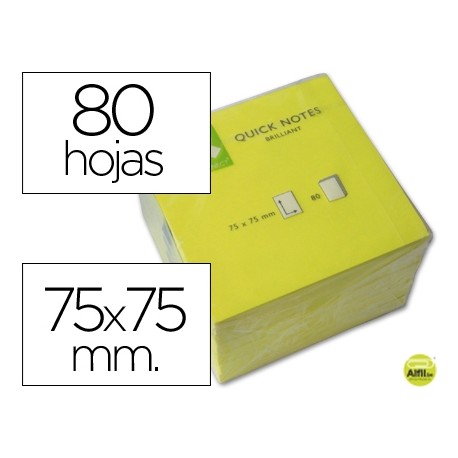 BLOC DE NOTAS ADHESIVAS QUITA Y PON Q-CONNECT 75X75 MM AMARILLO NEON 80 HOJAS