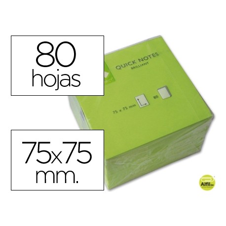 BLOC DE NOTAS ADHESIVAS QUITA Y PON Q-CONNECT 75X75 MM VERDE NEON 80 HOJAS