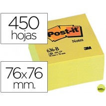 BLOC DE NOTAS ADHESIVAS QUITA Y PON POST-IT 76X76X45 MM CUBO COLORES AMARILLO 450 HOJAS