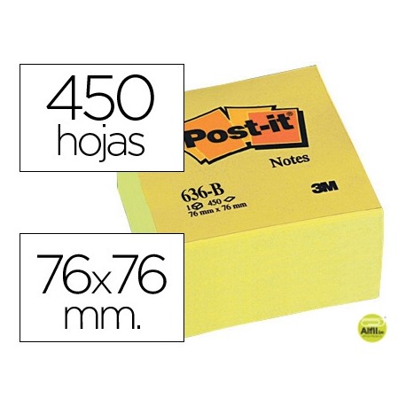 BLOC DE NOTAS ADHESIVAS QUITA Y PON POST-IT 76X76X45 MM CUBO COLORES AMARILLO 450 HOJAS