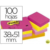 BLOC DE NOTAS ADHESIVAS QUITA Y PON POST-IT 38X51 MM NEON PACK DE 12 BLOCS SURTIDO