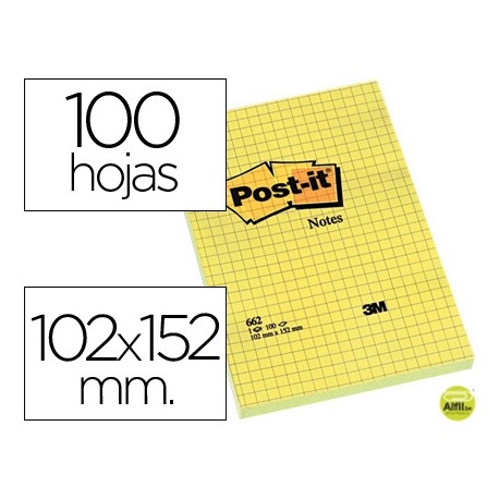 BLOC DE NOTAS ADHESIVAS QUITA Y PON POST-IT 102X152 MM CUADRICULADO -662-