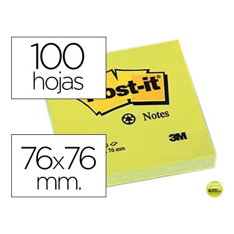 BLOC DE NOTAS ADHESIVAS QUITA Y PON POST-IT 76X76 MM PAPEL RECICLADO AMARILLO