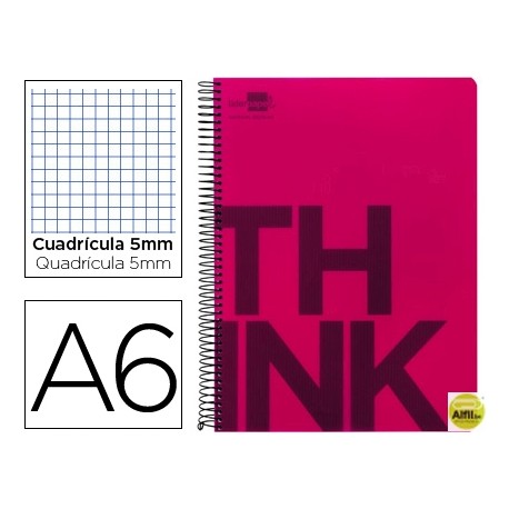 BLOC ESPIRAL LIDERPAPEL A6 MICRO THINK TAPA POLIPROPILENO 140H 70G CUADRO 5MM 4 BANDAS. ROJO
