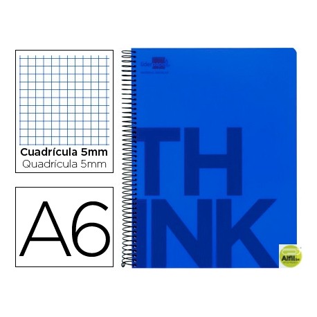 BLOC ESPIRAL LIDERPAPEL A6 MICRO THINK TAPA POLIPROPILENO 140H 70G CUADRO 5MM 4 BANDAS. AZUL