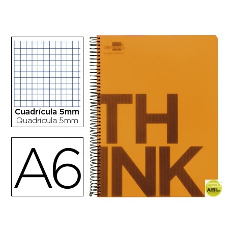 BLOC ESPIRAL LIDERPAPEL A6 MICRO THINK TAPA POLIPROPILENO 140H 70G CUADRO 5MM 4 BANDAS. NARANJA