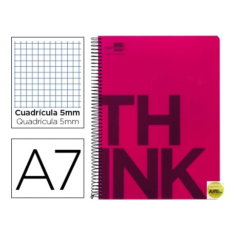 BLOC ESPIRAL LIDERPAPEL A7 MICRO THINK TAPA POLIPROPILENO 100H 70G CUADRO 5MM 4 BANDAS. ROJO