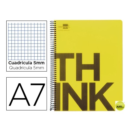 BLOC ESPIRAL LIDERPAPEL A7 MICRO THINK TAPA POLIPROPILENO 100H 70G CUADRO 5MM 4 BANDAS. AMARILLO