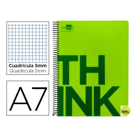 BLOC ESPIRAL LIDERPAPEL A7 MICRO THINK TAPA POLIPROPILENO 100H 70G CUADRO 5MM 4 BANDAS. VERDE