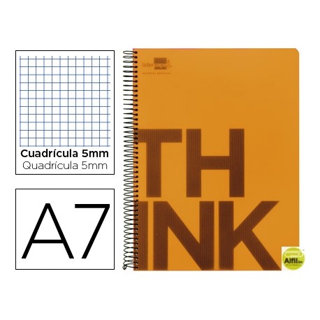 BLOC ESPIRAL LIDERPAPEL A7 MICRO THINK TAPA POLIPROPILENO 100H 70G CUADRO 5MM 4 BANDAS. NARANJA