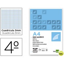 RECAMBIO LIDERPAPEL CUARTO 100 HOJAS 60G/M2 CUADRO 3MM CON MARGEN 6 TALADROS