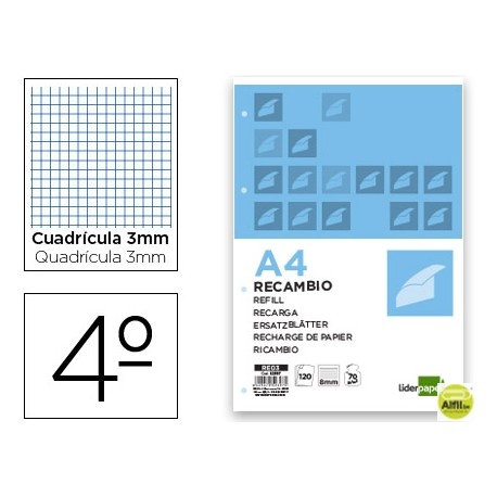 RECAMBIO LIDERPAPEL CUARTO 100 HOJAS 60G/M2 CUADRO 3MM CON MARGEN 6 TALADROS