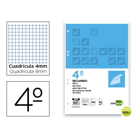 RECAMBIO LIDERPAPEL CUARTO 100 HOJAS 60G/M2 CUADRO 4MM CON MARGEN 6 TALADROS