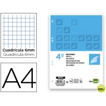 RECAMBIO LIDERPAPEL CUARTO 100 HOJAS 60G/M2 CUADRO 6MM CON MARGEN 6 TALADROS