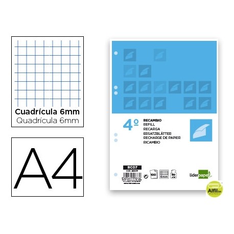 RECAMBIO LIDERPAPEL CUARTO 100 HOJAS 60G/M2 CUADRO 6MM CON MARGEN 6 TALADROS
